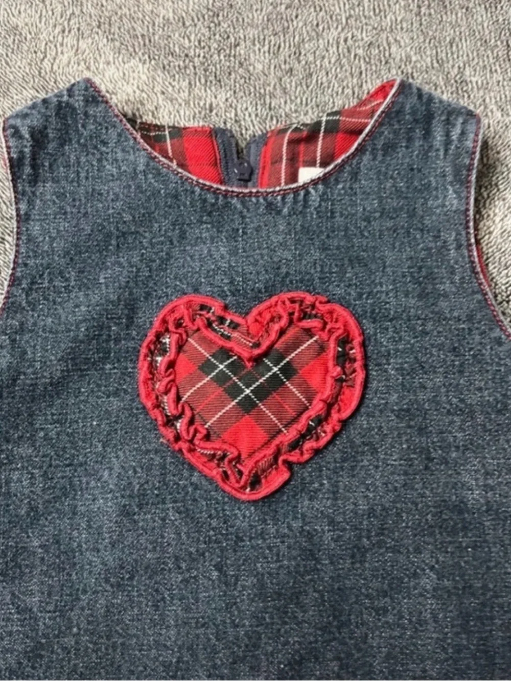 The Children's Place Denim Look Navy Dress with Red Plaid Trim